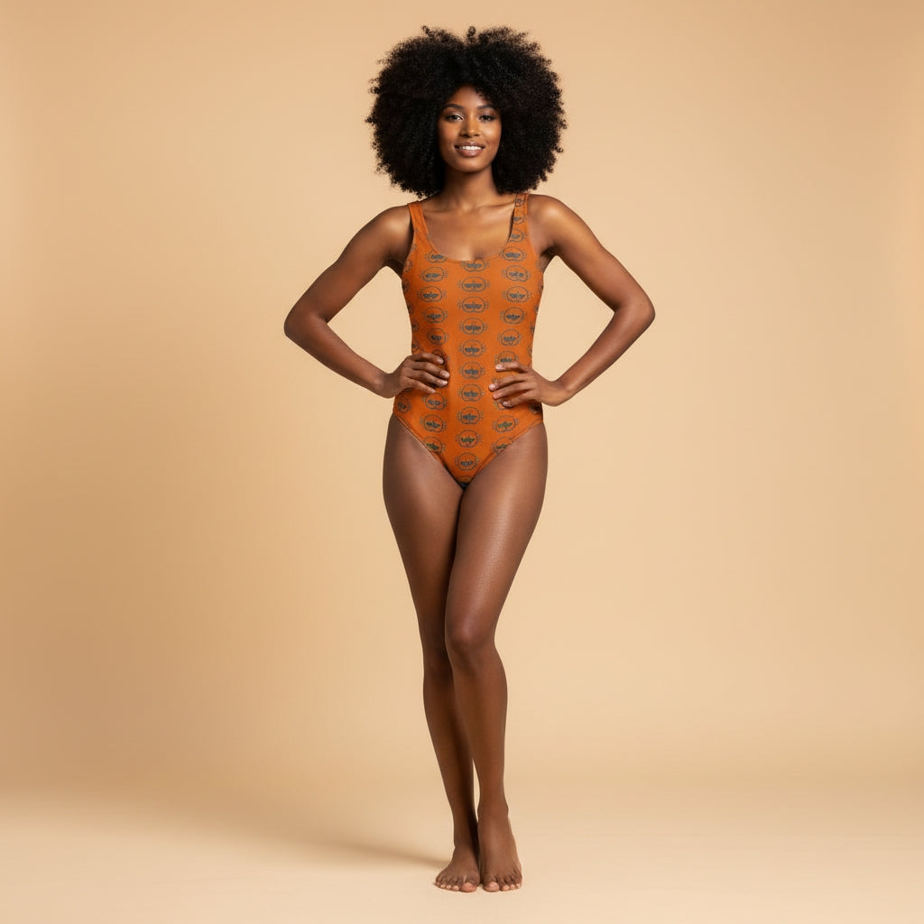 Orange FaceBum Pattern One-Piece Swimsuit
