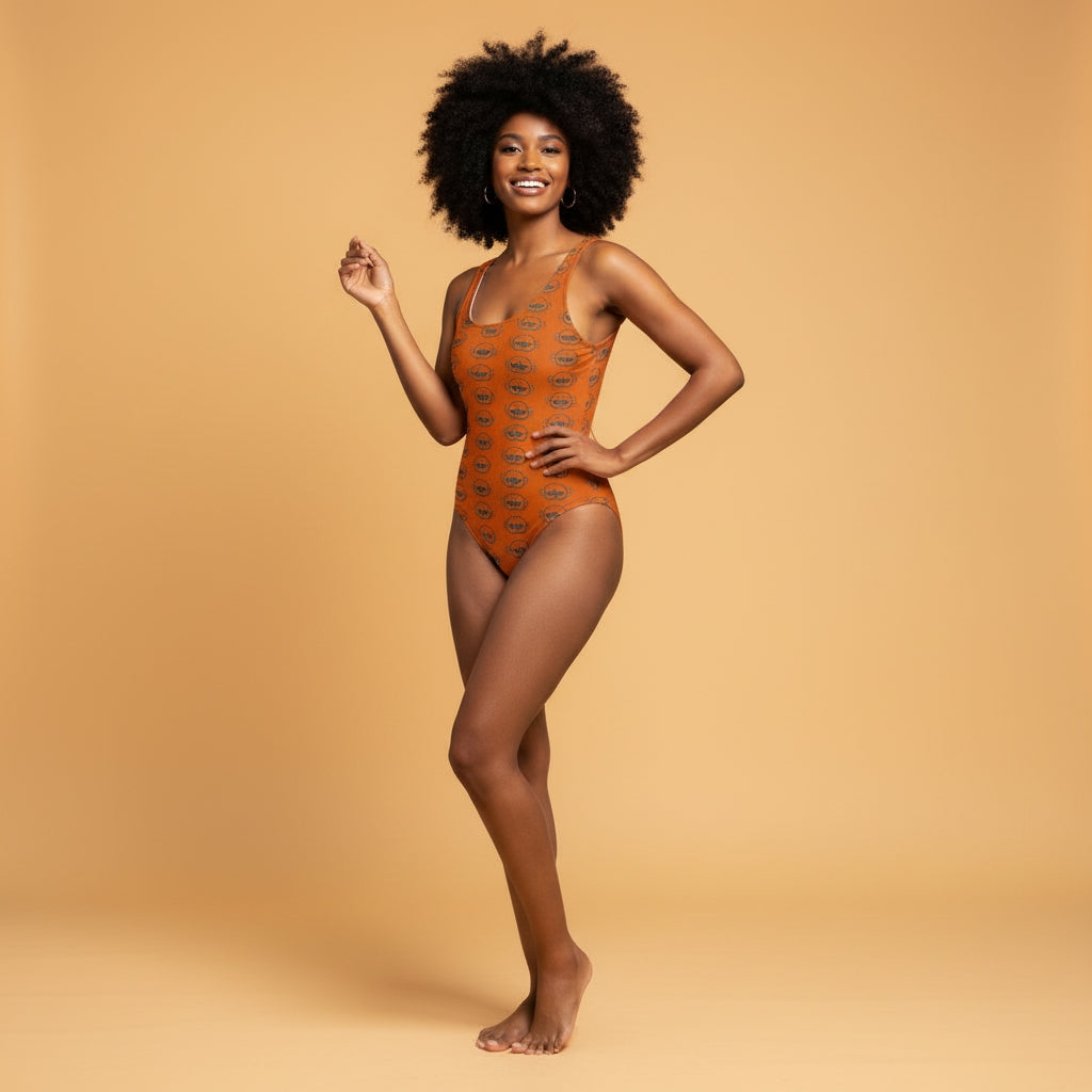 Orange FaceBum Pattern One-Piece Swimsuit